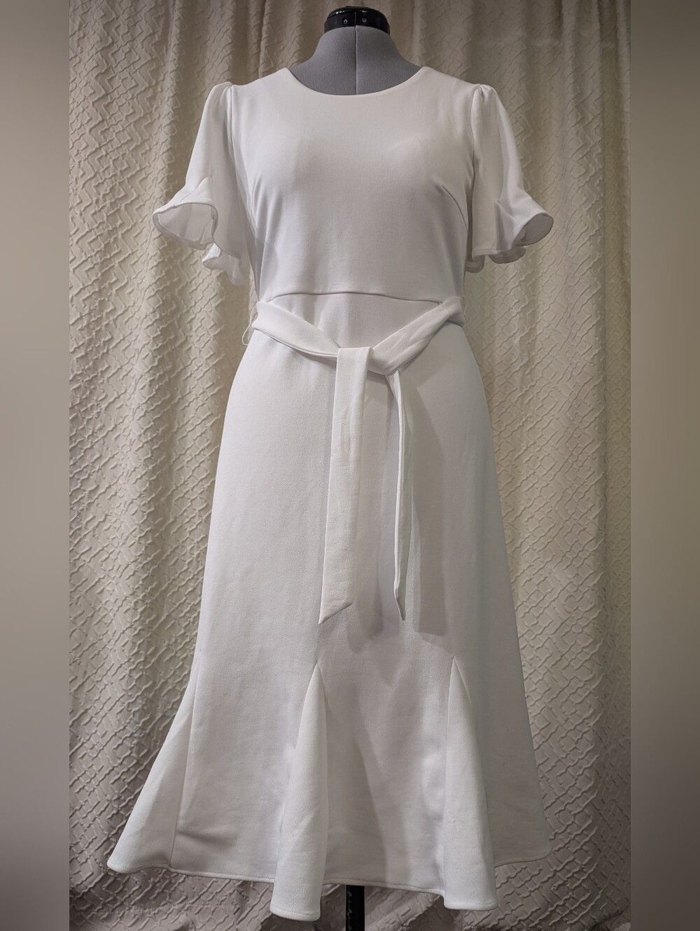 DKNY White Flutter Sleeve Bridal Midi Dress - Size 10